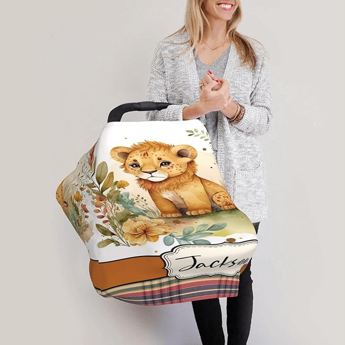 Personalized Lion Baby Car Seat Cover with Name,Multi-Use Canopy for Nursing, Strollers,Shopping Carts,Customized Breastfeeding Cover, Full Privacy,Infant Stroller Cover