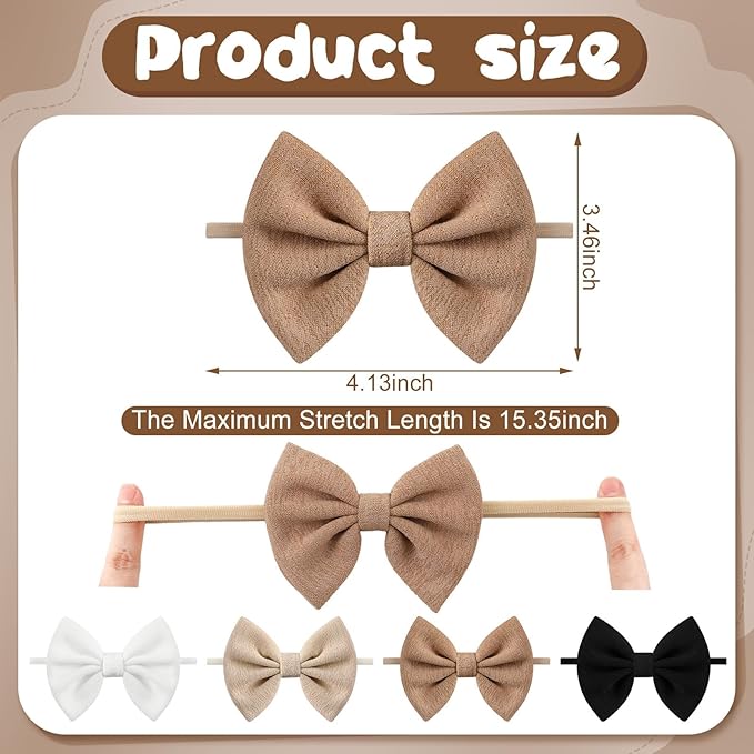 4 Pcs Baby Bow Headbands, Soft Nylon Baby Girls Headbands Bow Hair Accessories for Newborn Toddlers Child