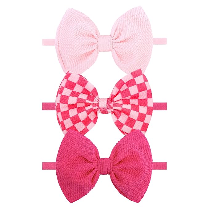YanJie 3PCS 4.5’’ Checkered Bows for Baby Girls Headbands Hot Pink Headband Pink Hair Accessories for Girls Newborn Girl Clothes Baby Girl Outfits