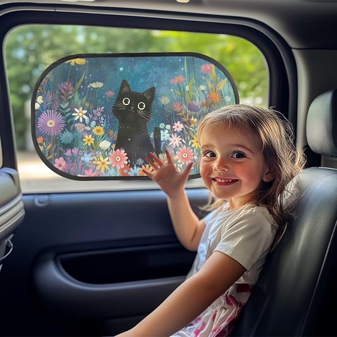 Bulopur Floral Black Cat Window Shades for Car 2 Pack Side Windshield Sun Shade UV Protection Breathable Car Sunshade Side Window Universal Auto Interior Accessories