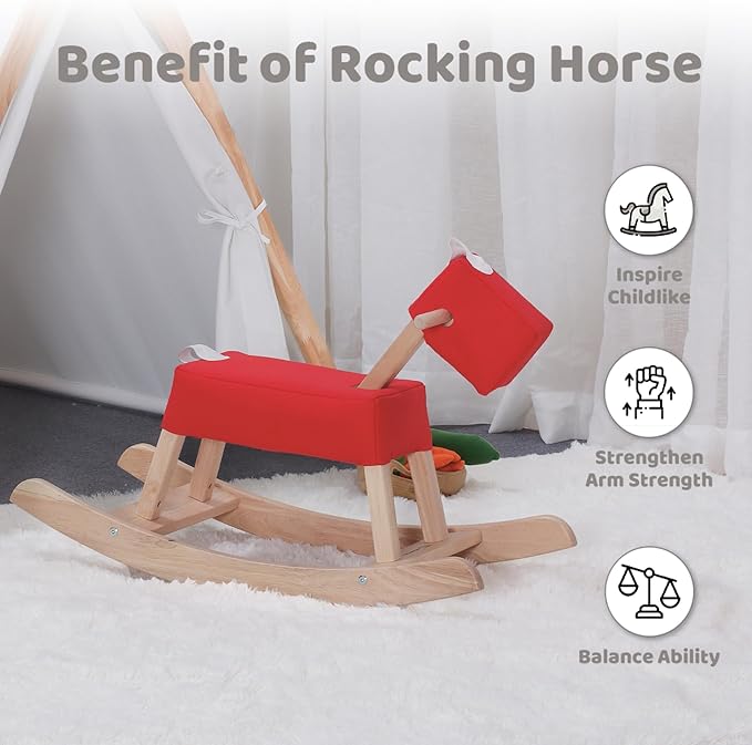 Red Wooden Rocking Horse Juni for Toddlers (Ages 1-3) - Soft Canvas Fabric, Gentle on Skin, Solid Rubber Wood, Sturdy Wood Rocking, Christmas Housewarming Gift for Kids