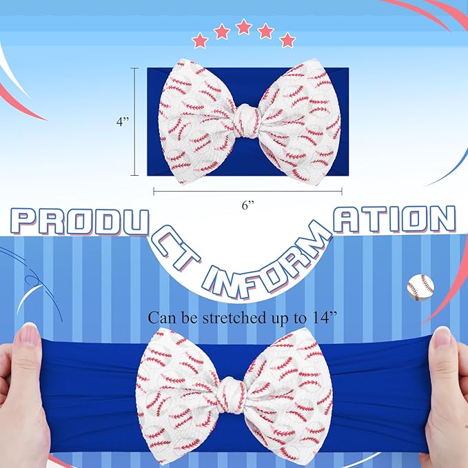 YanJie 6" 2PCS Baby Girls Headbands Baseball Bow Blue Sports Headbands Softball Handmade Hairbands Game Day Hair Accessories Costume Gift