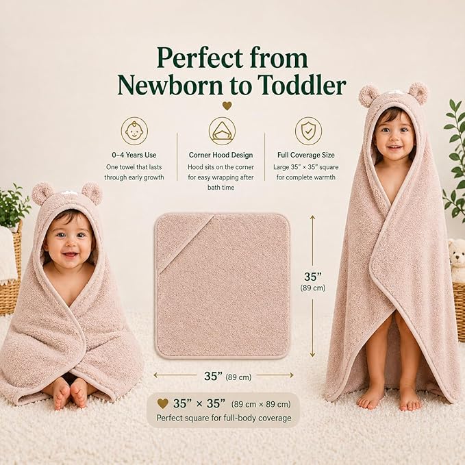 Turkish Organic Cotton Hooded Towels - Heritage Aegean Plush Bath Towels for Newborn, Best for Boys (Teddy Cub, 35×35" — Baby/Toddler Large Size Bath Towel Boy (6 Months–Toddler)