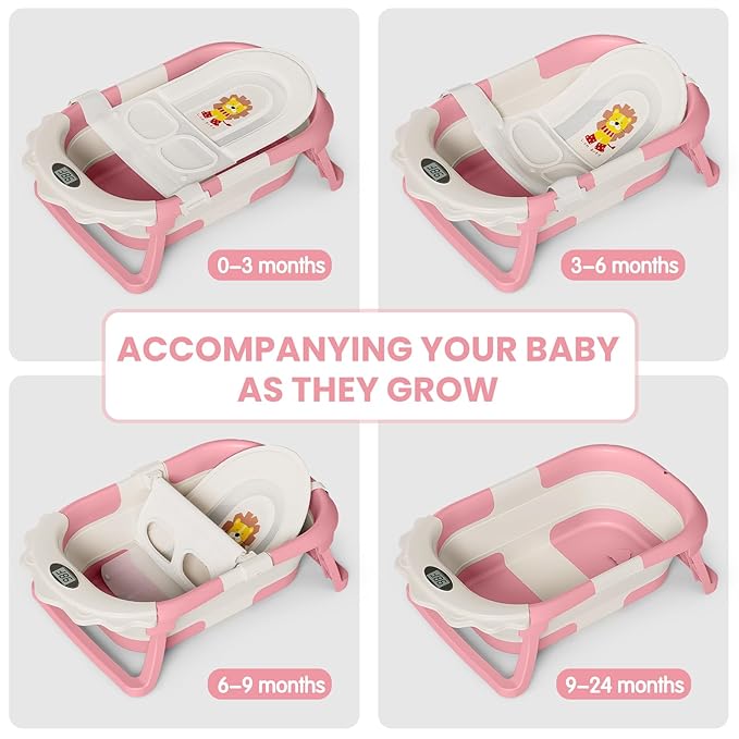 TPN 4-in-1 Grow-with-Me Collapsible Baby Bathtub, Baby Tub for Newborns to Toddler with Soft Floating Cushion & Thermometer, Portable Baby Bath Tub, Infant Bathtub for Bath Support in Tub,Pink