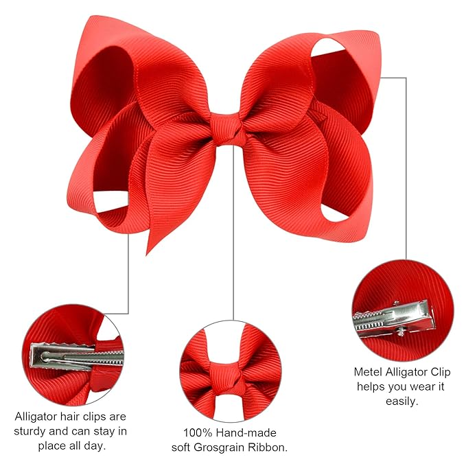 DEEKA 16 PCS 4" Hand-made Hair Bow Grosgrain Ribbon Solid Color Hair Bow Alligator Clips Hair Accessories for Little Teen Toddler Girls -Red