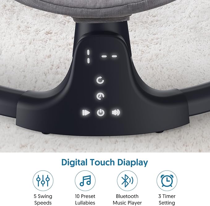 Bluetooth Baby Swing for Infants, Compact & Portable Baby Swing, 3 Seat Positions, 5 Swing Speed, 10 Music, Remote Control, USB Plug-in Power, Reversible Cushion for All Seasons
