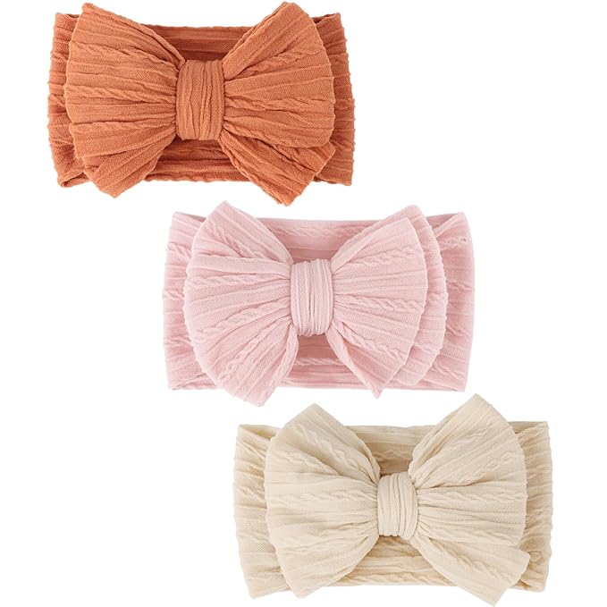 DRESHOW BQUBO Handmade Baby Headbands Soft & Stretchy Hair Bands with Bows Nylon Bows Hairbands for Girls Newborn Infant Toddlers Hair Accessories 3 pack