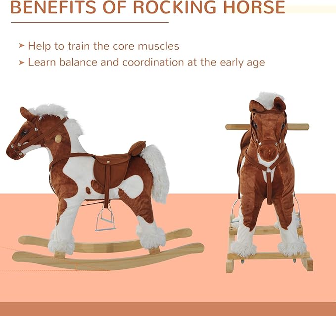 Qaba Wooden Toddler Rocking Horse, Kids Plush Ride on Horse Toy Animal Rocker with Nursery Rhyme Music Brown