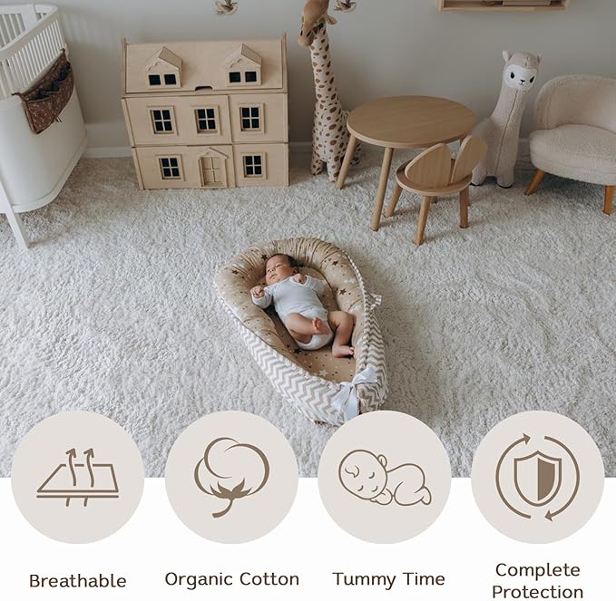 Aila+Aiden Baby Lounger | Organic Cotton Infant Lounger | Reversible, Adjustable & Portable Floor Lounger | Supervised Use | Soft, Breathable, Washable Cover- Star Collection (Tan)