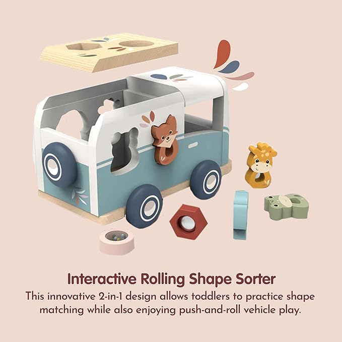 SPEEDY MONKEY Wooden Van Shape Sorter for Toddlers 12m+ | Colorful Shape Sorting Toy for Kids | Educational Vehicle Toy for Fine Motor Skills, Hand-Eye Coordination & Early Learning Activity Play