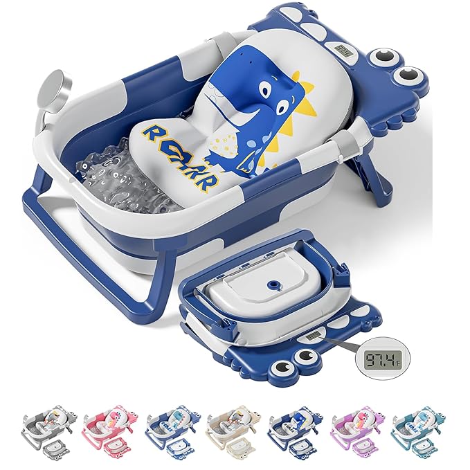 TPN Collapsible Baby Bathtub, Baby Bath Tub with Soft Cushion & Real-Time Thermometer, Baby Bathtub Infant to Toddler Tub (0-36 Months), Portable Newborn Travel Bath tub