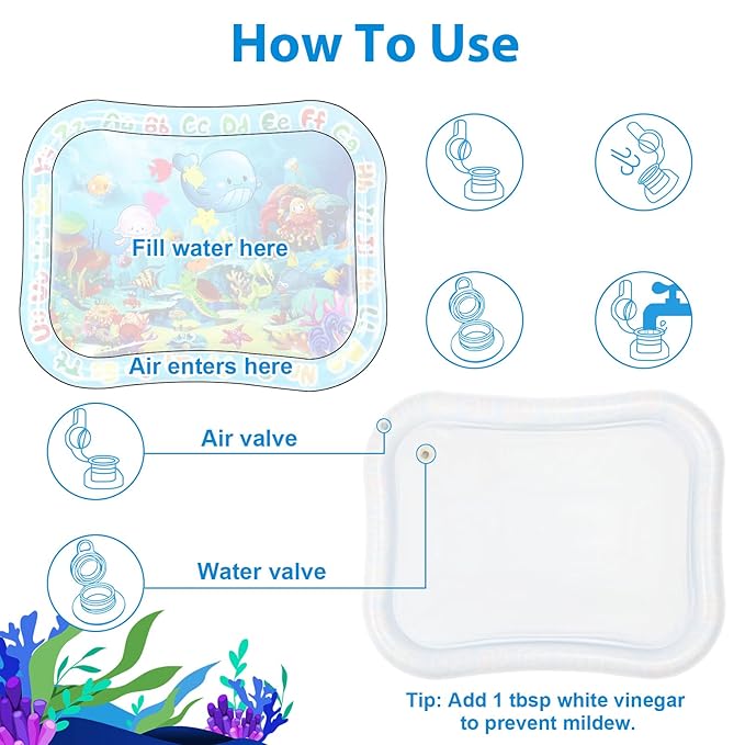 Baby Water Mat Large 37.4"x29.9", Safe Inflatable Tummy Time Water Play Mat for Infants & Toddlers with Climate Pledge Friendly, Newborn Sensory Water Pad for Christmas Gift (Blue)