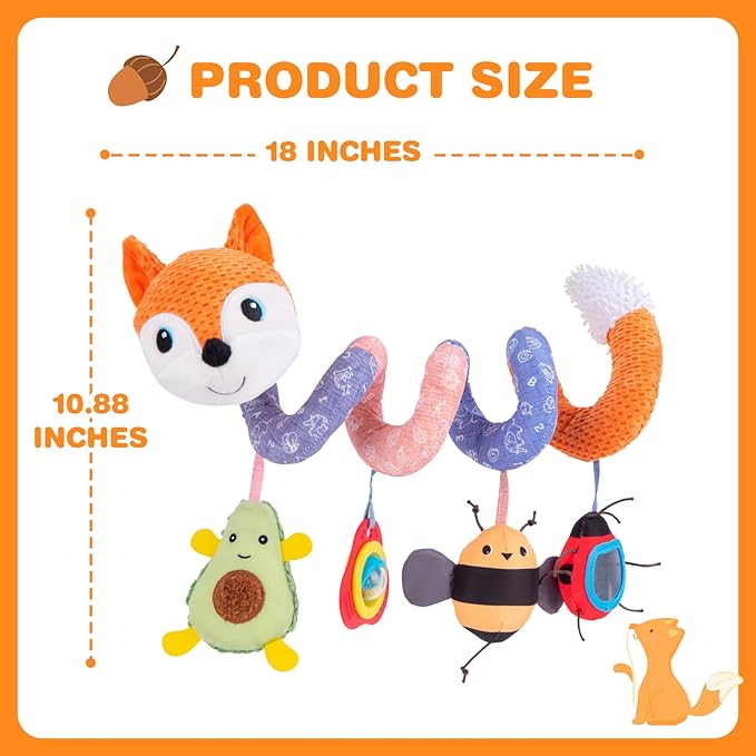 Jollybaby Crib Stroller Car Seat Toys for Baby 0-3-6-9-12 Months, Tummy Time Hanging Sensory Toys for Newborn with Music Box and Teether, Spiral Carseat Toy for Infant Boys Girls Gift (03-Orange Fox)