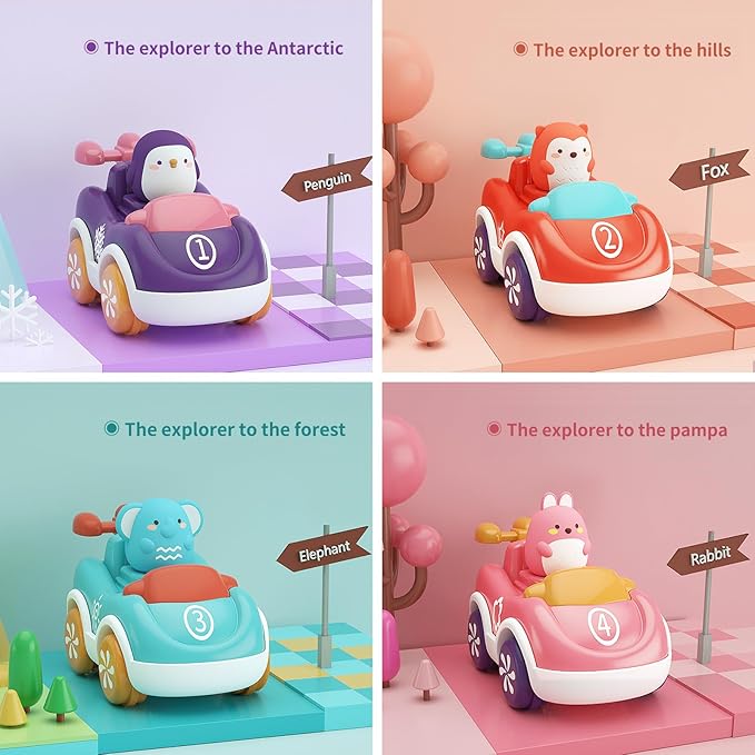 Marstone Toys for 1+ Year Old Girl, 4 Pack Animal Cartoon Push Cars Educational Toys for Toddlers 1-3 Years, Baby Car Toys for One Year Old Girl Birthday Gift,Baby Toys 12-18 Months