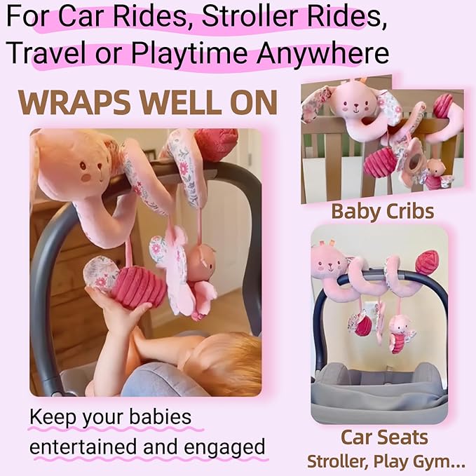 Baby Spiral Car Seat Toys for Babies 0-6 Months Girl, Stroller Hanging Stuffed Animal Carseat Crinkle Rabbit Toy 0-3-4-5-7-8-9-12 Month, Newborn Infant Gifts Easter Basket Stuffers Bunny 3PCS