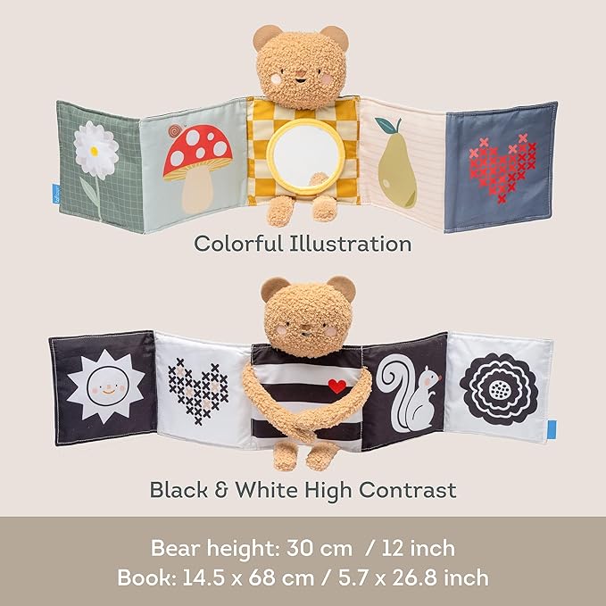 Taf Toys Black & White Sensory Newborn Book, High Contrast Side for Infant Brain Development, Vibrant Colors & Baby Mirror, Plush Bear for Tummy Time Books 0-6 Months - Baby Gifts for Boys Girls