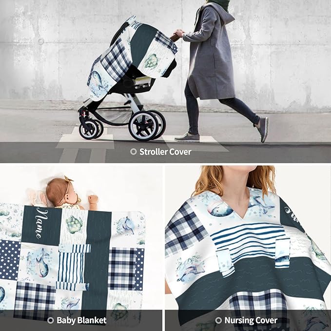 Personalized Whale Sea Life Baby Car Seat Canopy for Babies with Name, Custom Car Seat Covers for Boys Girls, Opening Minky Nursing Breastfeeding Cover Infant Carseat Canopies for Newborn