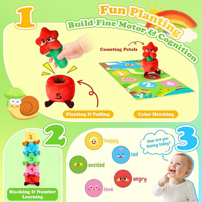 Esjay Montessori Toys for Toddler 1 Year Old, Garden Plants and Bugs with Rattle Squeaker Planting Stacking Color Matching, Sensory Learning Baby Toy 12 18 Months, Gift for 1 2 3 Toddlers Boys Girls