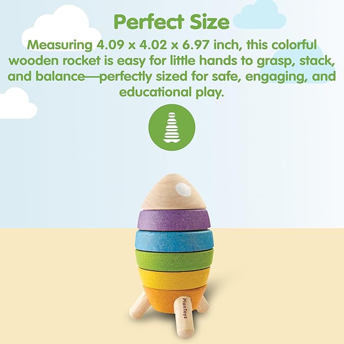 PlanToys® Wooden Stacking Rocket Toy for Toddlers | Montessori Educational STEM Learning Toy | Colorful Wooden Rocket Ship Stacker for Fine Motor Skills, Problem Solving, Preschool Gift