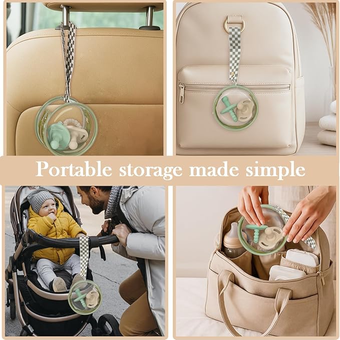 2 Pack Transparent PVC Pacifier Case with Checkered Strap, Neutral Binky Holder for Baby Boys and Girls, Portable Pacifier Storage for Diaper Bag Essentials, Fits Most Pacifiers (sage)