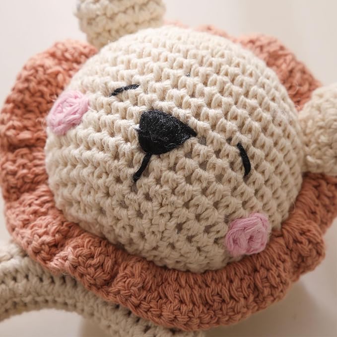 Wooden Baby Rattle，Crochet Lion Rattle with Wood Ring, Newborn Wooden Animal Rattle Toy，Infant Lion Wood Rattle Toys