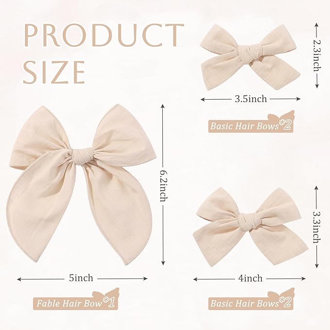 YHXX YLEN 5PCS Khaki Cotton Linen Hair Bows for Girls Handmade Alligator Clip Hair Accessories for Babies Infant Toddlers Kids(5inch×1, 4inch×2, 3.5inch×2)