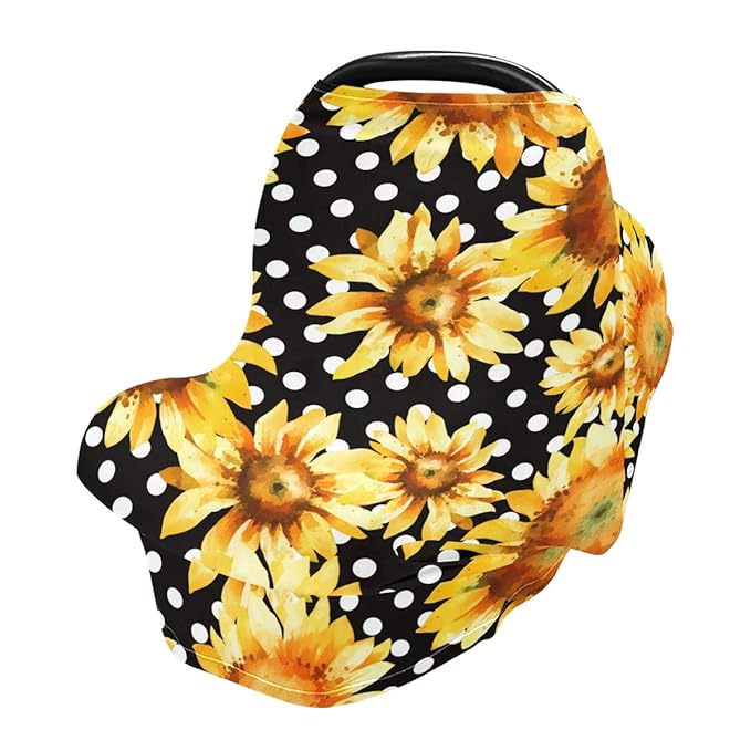 Sunflower Floral Polka Dot Baby Car Seat Covers, Nursing Cover Breastfeeding Scarf Soft Breathable Stretchy Coverage, Infant Stroller Cover for Boys Girls