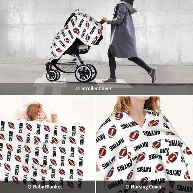 Personalized Baby Car Seat Canopy with Name, Football Infant Car Seat Cover, Nursing & Breastfeeding Stroller Cover, Newborn Shower Gift for Baby Boys