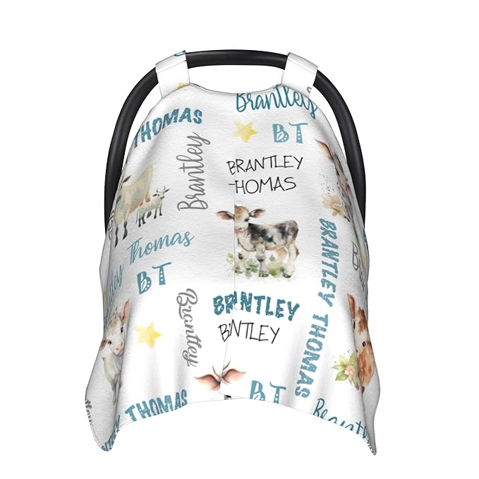 Custom Baby Car Seat Canopy Personalized Car Seat Covers with Name for Baby Boys Girls Customized Cow Nursing Breastfeeding Cover Infant Carseat Canopies Newborn Minky Baby Blanket