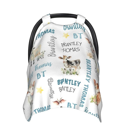 Custom Baby Car Seat Canopy Personalized Car Seat Covers with Name for Baby Boys Girls Customized Cow Nursing Breastfeeding Cover Infant Carseat Canopies Newborn Minky Baby Blanket