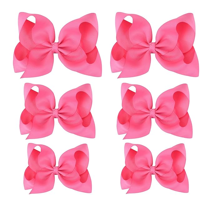 Pink Hair Bow For Girls and Toddler - 6 pcs Pink Bow 6 inch ×2, 4 inch ×2, 3 inch ×2