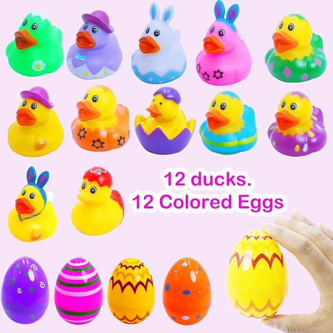 24 Pcs Easter Eggs with Rubber Duck Toys for Kids, Colorful Easter Eggs Filled with Assorted Bunny Rabbit Duckies for Fun Rubber Bath Toys, Easter Basket Stuffers and Party Favors
