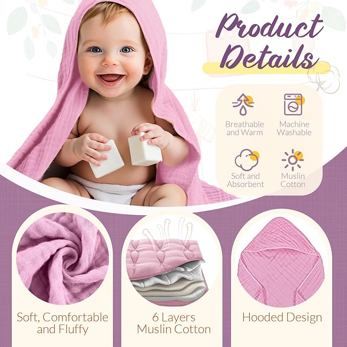 VitalCozy 12 Pcs Baby Muslin Hooded Bath Towels and Washcloths, Muslin Hooded Baby Towels Absorbent Blankets for Gift Newborn Infant Shower (Pink Purple Series)