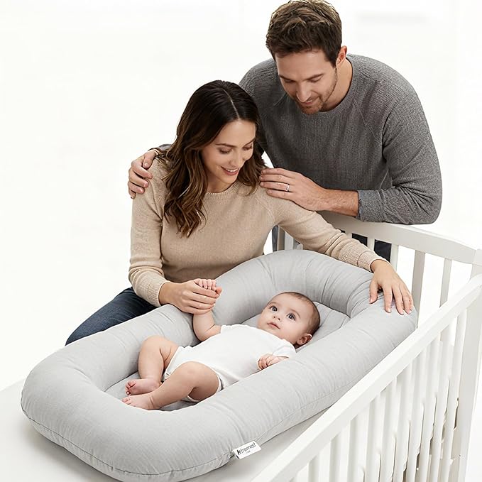 Oversize Baby Lounger for Newborn - 0-12 Months Infant Lounger Breathable Cotton Baby Nest Lounger Playtime Mat for Infant Essentials Baby Shower Gifts (Gray)