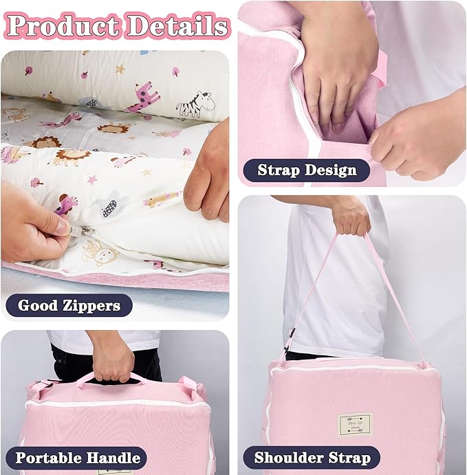 Baby Lounger for Newborn-Portable Baby Lounger 0-24 Months for Home and Travel,Newborn Loungers with Strap, Baby Nest Lounger Adjustable Size,Animal World Pink