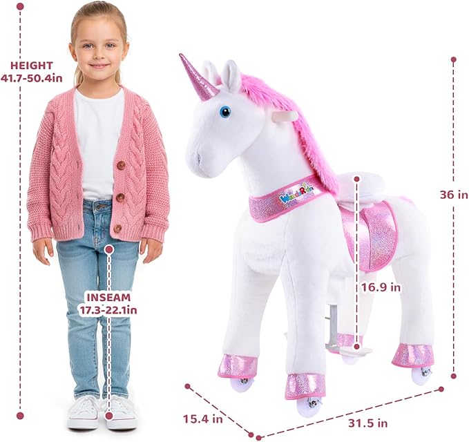 WondeRides Ride on Unicorn Pink Riding Horse Toys Size 4 for Age 4-9 Years, 36 inch Height Plush Riding Unicorn Pony Ride on Horse Toy Giddy up Rocking Mechanical Walking Animal with Wheels M431