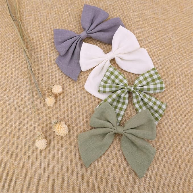 4 PCS Sailor Bow Hair Clips for Kids Girls Women Linen cotton Hair Bow Alligator Clips Baby Toddler Girl Mom Hair Accessories (Green Spring)