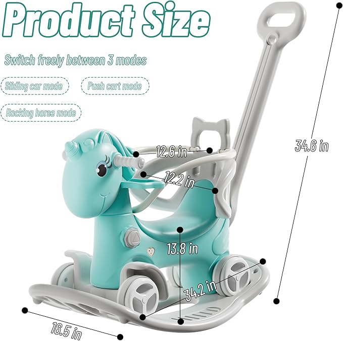 Leavader Rocking Horse for Toddlers, Multifunctional 4 in 1 Design Kids Rocking Horse, Toddler Ride on Toys, Balance Bike, Push Cart with Detachable Board, Ideal Gift for Children (Bule - XL)