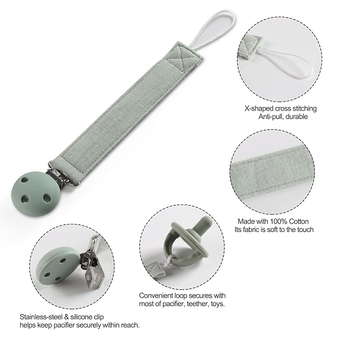 Pacifier Clip Holder for Baby Boy and Girl, Soft Pure Cotton Fabric Paci Binky Clips Fits for Most Pacifier Teethers & Small Toys in Place (Sand+Light Grey)