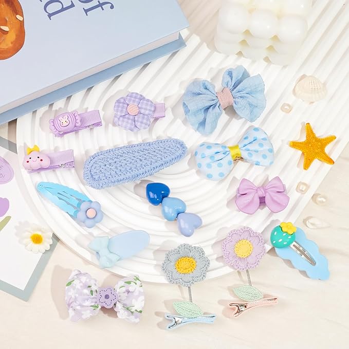Hair Clips for Girls 19 Pcs Assorted Barrettes for Kids Spring Flower Bows Heart Purple Blue Cute Hair Accessories for Little Girls Teens Toddlers Child Kids