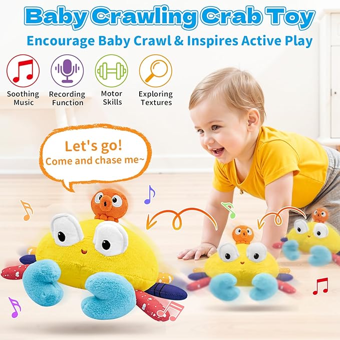 Infowush Baby Toys 6-12-18 Months - Musical Crawling Crab Plush Toy, Dancing Walking Bouncing Tummy Time Toy Interactive Sensory Learning Toys for Toddlers 1-3, Birthday Gifts for Infants Boys Girls