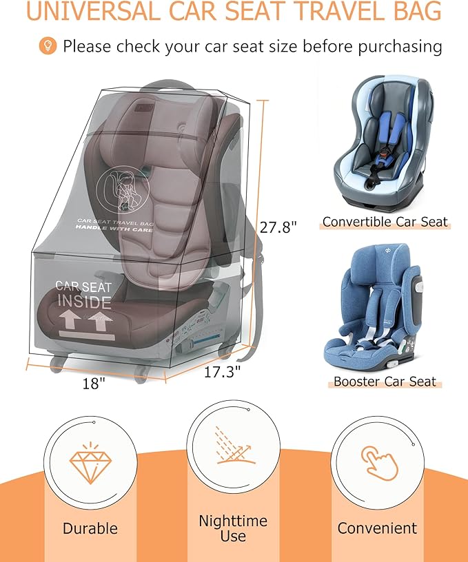 MCBD Car Seat Travel Bag for Airplane, Foldable Baby Carseat Backpack for Travel Padded Carseat Carrier for Airport Gate Check, Infant Stroller Cover with Reflective Strips