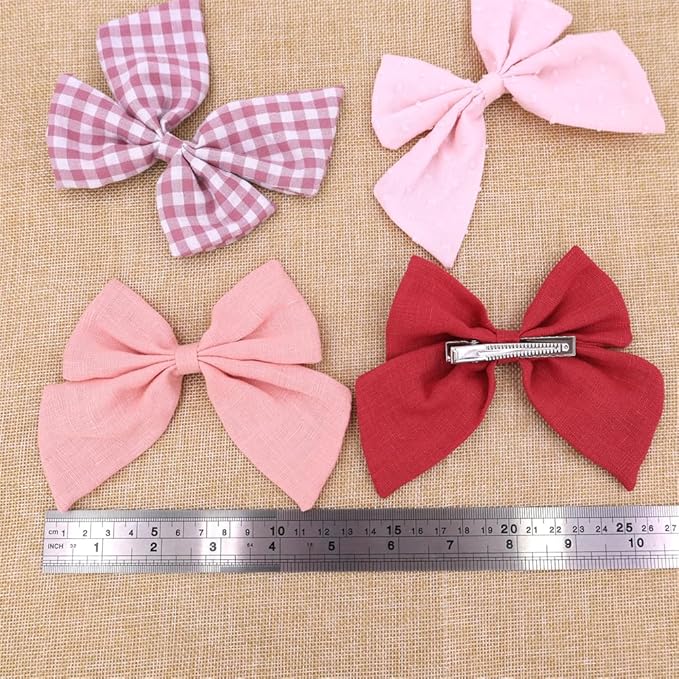 4 PCS Sailor Bow Hair Clips for Kids Girls Women Linen cotton Hair Bow Alligator Clips Baby Toddler Girl Mom Hair Accessories (Cinnabar/Pink)