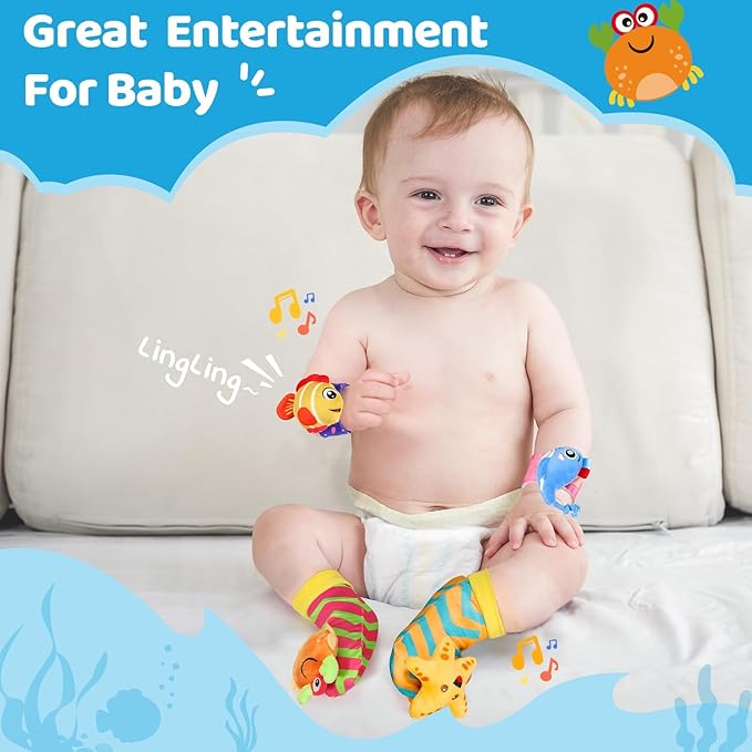 URMYWO Wrist Rattles for Baby - Rattle Socks - Foot Finder Set - Baby Toys for 0-12 Months Infant - Newborn Essentials - Early Learning Sensery Toys for Boy Girl as Shower Gifts Easter Basket Stuffer