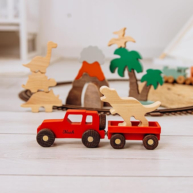 Personalized Colored Wooden Car Play Set with Dinosaur Theme – Custom Toddler Sensory Toys, Unique Birthday and Baptism Gifts for Boys, Nursery Room Decor, Baby Shower Gifts