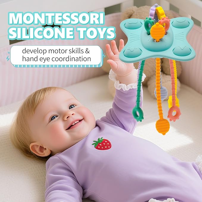 Silicone Montessori Sensory Toys for Babies 18 Months,Pull String Activity Toy, Early Educational Fine Motor Skills Toy for Toddlers,Car Seat Airplane Travel Toys