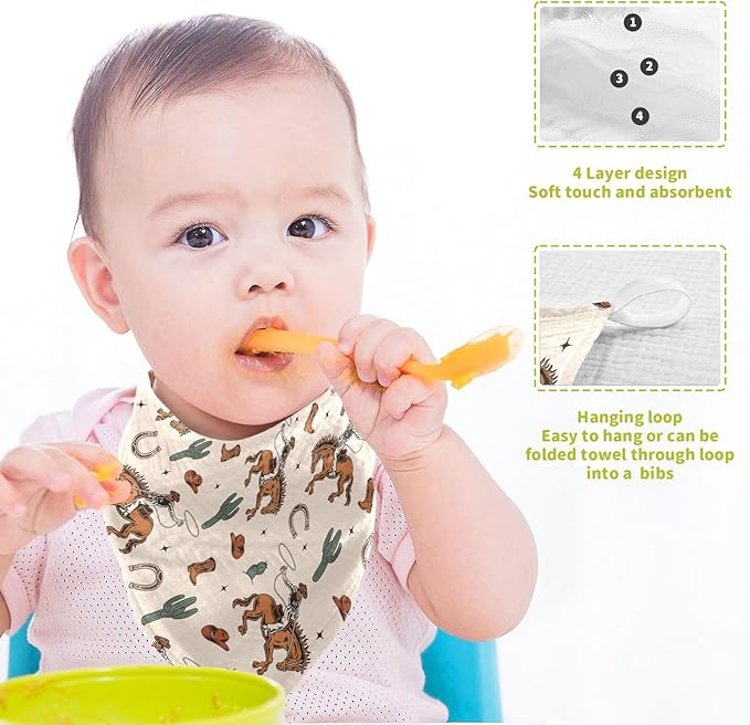 Western Cowboy Cactus Baby Washcloths Newborn Muslin Burp Cloths 3 Pack Soft Cotton Baby Face Bath Towel Drool Bibs for Infants, Girls and Boys 11.8 x 11.8 Inch