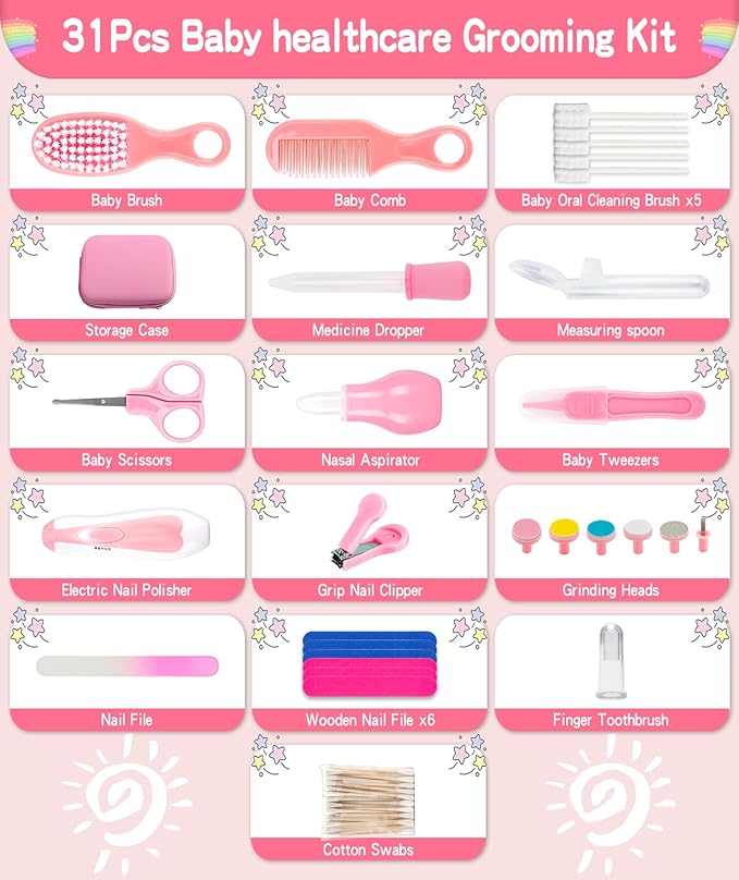 Baby Grooming and Healthcare Kit, Portable Baby Safety Care Set with Hair Brush Comb Nail Clipper Nasal Aspirator for Nursery Newborn Infant Girl Boy (31 in 1, Pink)