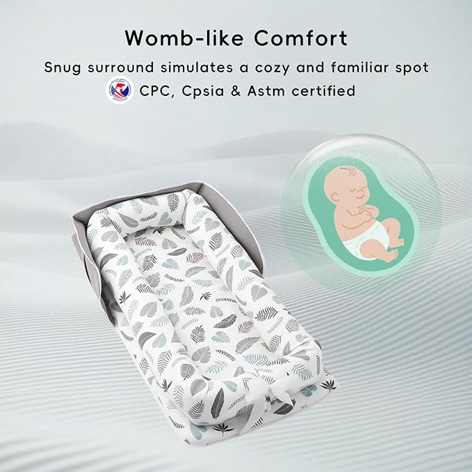 Portable Baby Lounger, Soft Baby Nest Cover Breathable Cotton Fabric, Adjustable Infant Lounger for Baby, Adjustable Size and Strong Zipper, Extended Space for Newborn 0-24 Months, Leaf