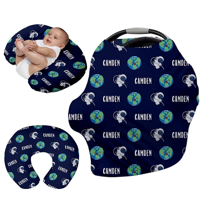 Personalised Car Seat Cover for Babies - Multi-use Carseat Canopy Cover with Name, Blue Astronaut Print Car Seat Covers, Christmas Birthday Gifts for Infant Boys and Girls(27"x29")